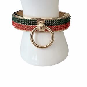 Chunky Red Green Crystal Rhinestone Hinged Bangle Bracelet O-Ring Statement